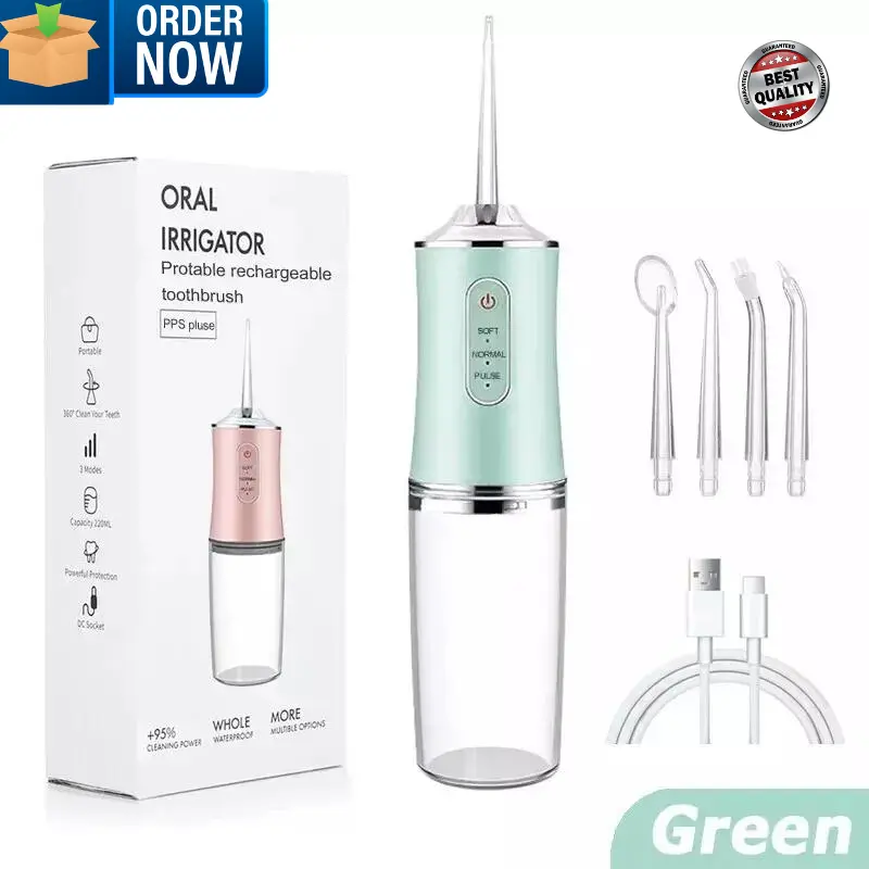 Cordless Dental Water Flosser Oral Irrigator Teeth Cleaner with Jet 4 Tips Floss Daily Green