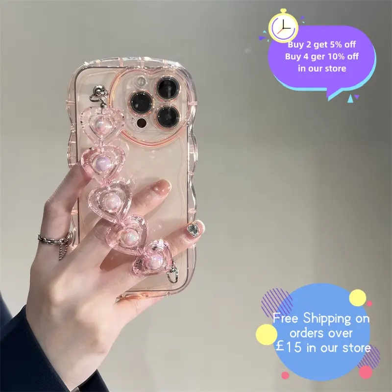 「Bubble Phone Case」3D Love Heart Wrist Chian Wavy Transparent Soft Phone Case for iphone 14 12 13 Pro Max 11 X S XR XS Cute Clear Shockproof Cover 0