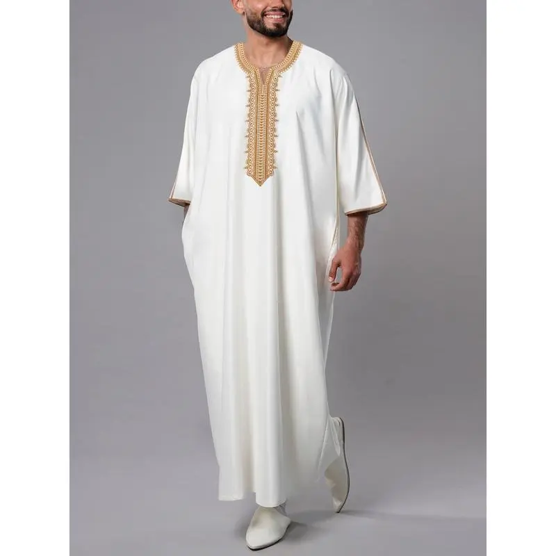 Muslim Half Sleeve Embroidered Robe Ethnic Style Moroccan Men's Robe Side Pocket