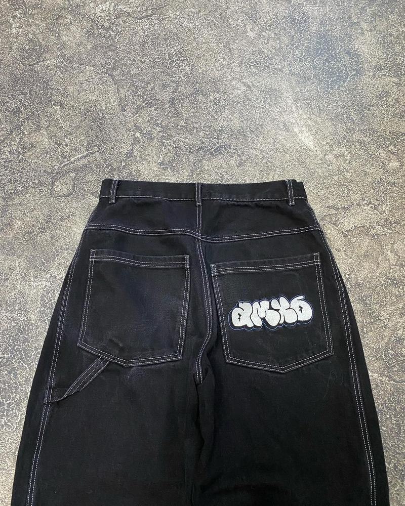 Product Introduction of Street aesthetic black retro straight baggy pants y2k Harajuku hip hop pocket print washed high waist unisex denim trousers 7