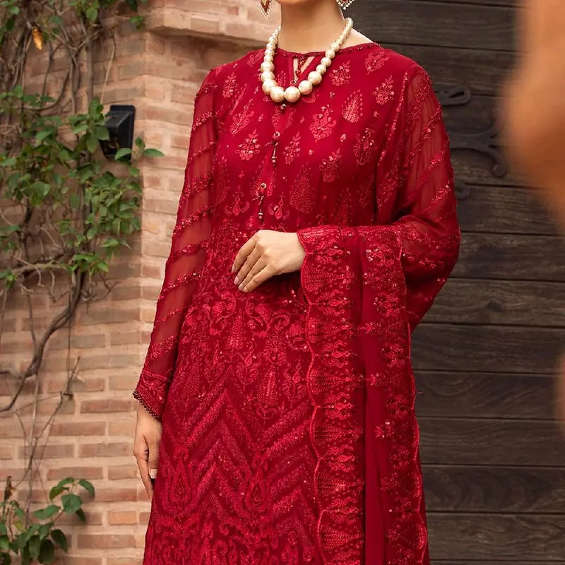 FARASHA RED CRIMSON CHIFFON SUIT PAIRED WITH CAPRI TROUSERS EMBROIDERY CHIFFON DUPATTA 4