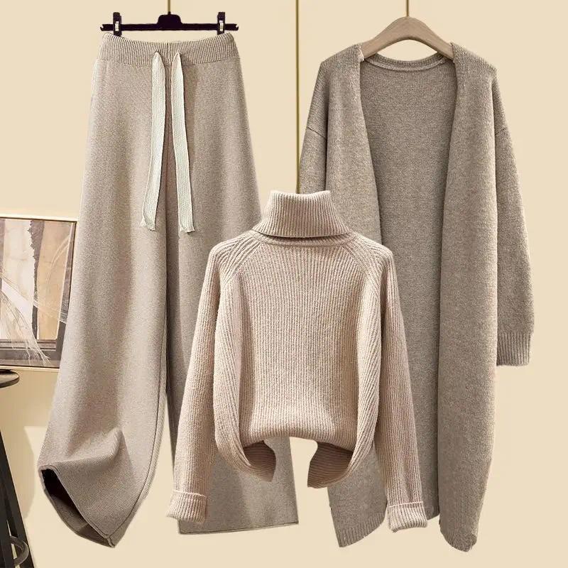 Product Introduction of [2025] plus size women's winter cardigan jacket polo/turtle neck sweater bell bottoms three-piece set new style long length 14
