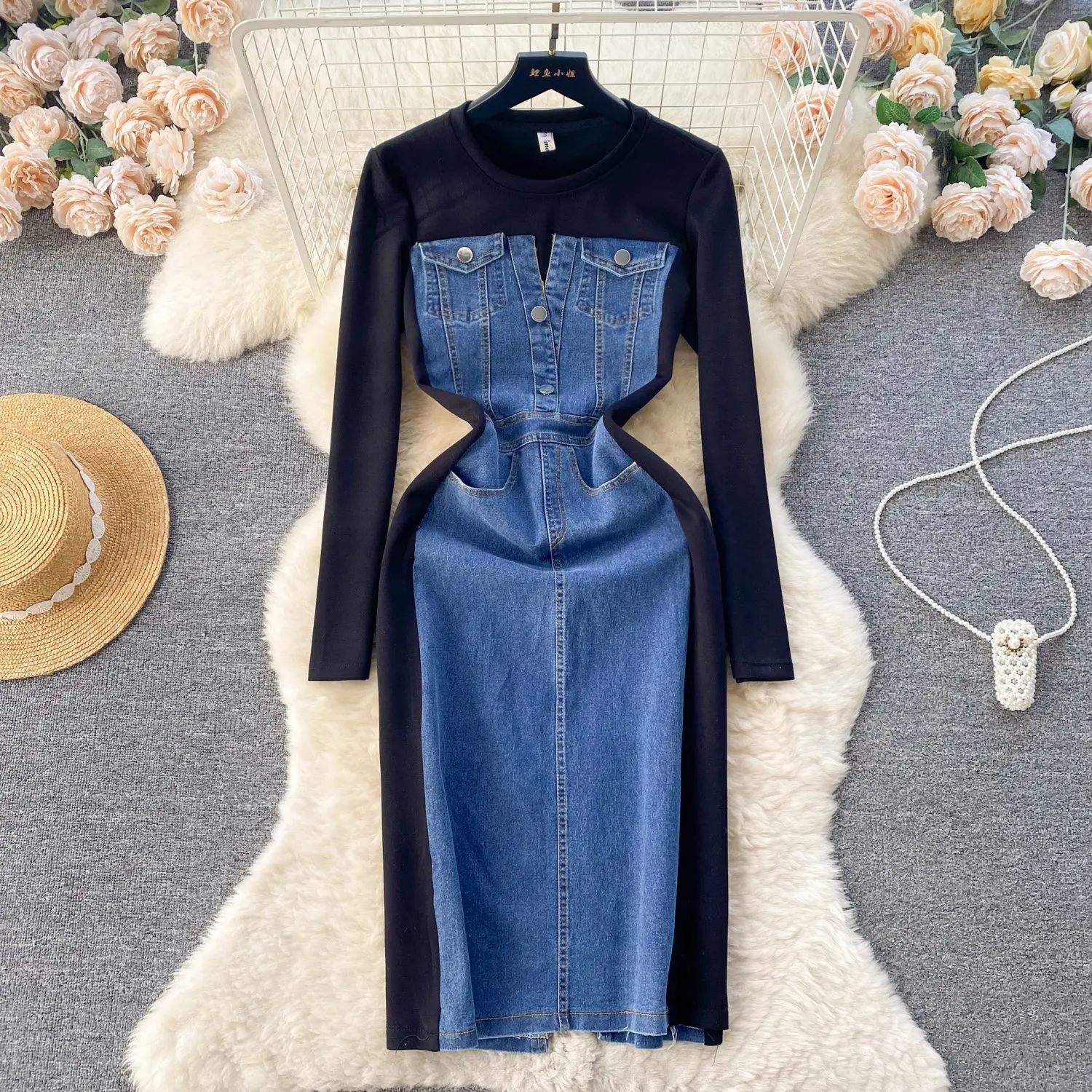 Spring Autumn New Round Neck Long Sleeve Splicing Slim Denim Long Dresses