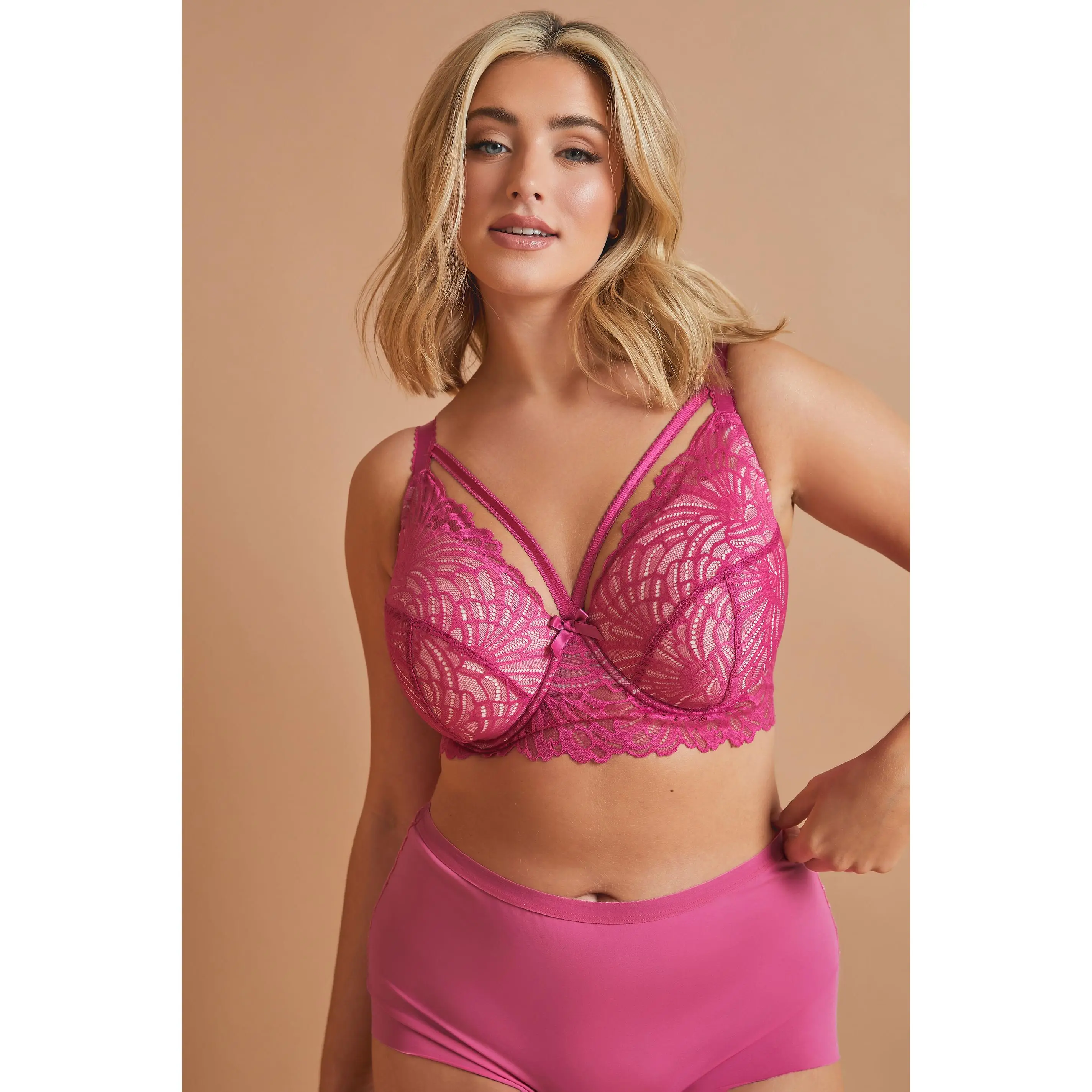 YOURS Pink Lace Strap Detail Padded Underwired Longline Bra