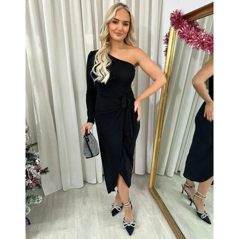 iKrush One Shoulder Wrap Front Glitter Midi Dress i38442 Bodycon Wrap   Mid Calf Length  Collared One Shoulder Occasionwear Partywear Plain Date Night Going Out Party 8