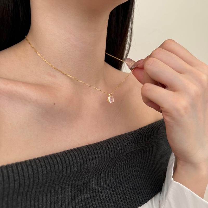 Gold Rectangular Pendant Necklace with Zirconia Stone - 925 Silver 5