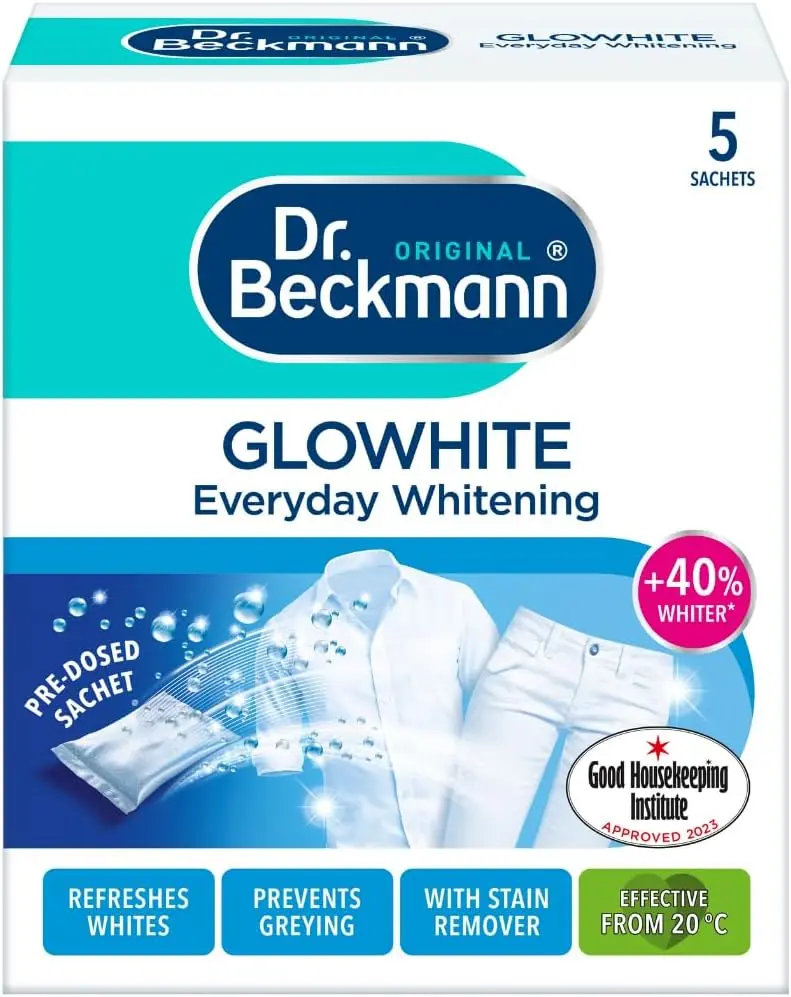 Dr. Beckmann Glowhite | maintains brighter white laundry | 5 In-Wash Sachets
