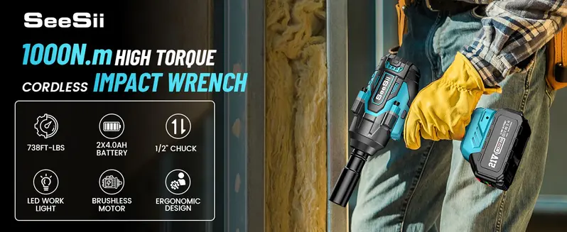 Cordless Impact Wrench Kit 1/2 Inch - 740 Ft-lbs Max Torque, Brushless, With 2 Batteries