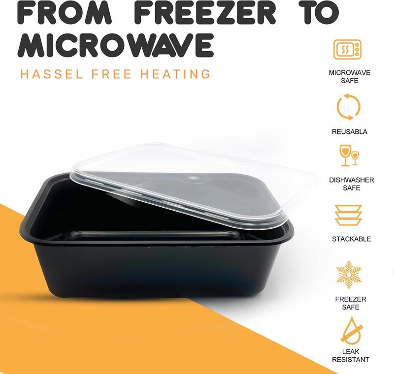 100 x Black Plastic Meal Prep Food Containers, Takeaway Containers With Lids - Microwave Food Storage Containers | Freezer Storage Boxes, Food Containers with Lids, Food Containers - 750ml (10) Disposable 3