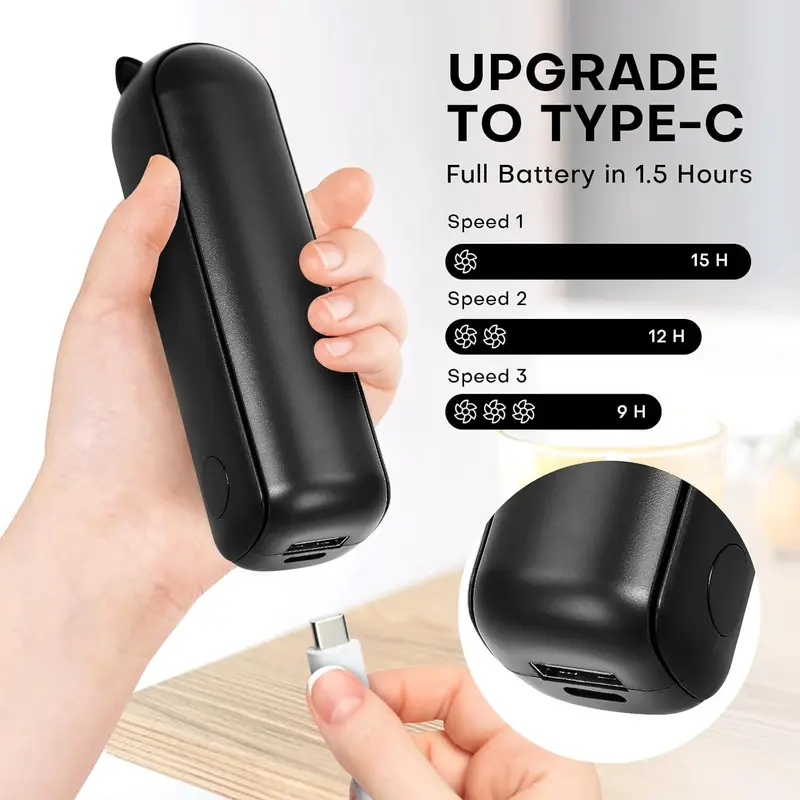 Mini Fan Handheld, 3 Speeds Rechargeable Quiet Mini Handheld Fan[9-15 Working Hours], Portable USB Small Pocket Fan, Personal Fan with Power Bank for Travel, Outdoor or Indoor All Black 2