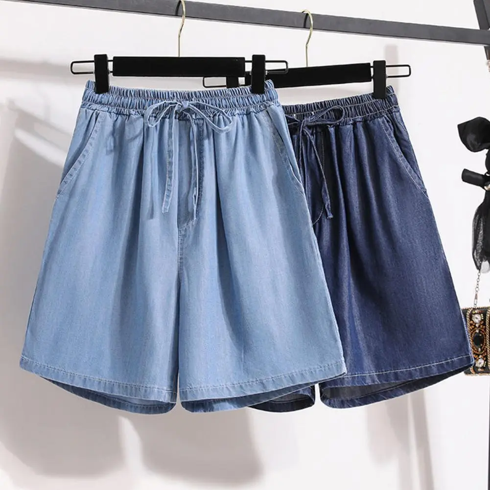 Breathable Summer Shorts Stylish Women's Knee-length Wide Leg Shorts with Elastic Waistband Drawstring Pockets Summer Fashion