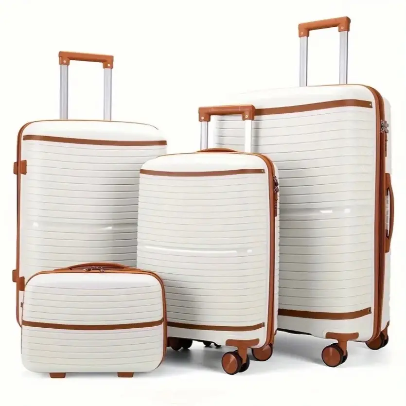 4pcs set New Full Brown and white Color PP Trolley Case 13+20+24+71.12 cm Explosion-proof Zipper Universal Wheel Travel Trolley Case + Makeup Bag Travel Bag Six-piece Set
