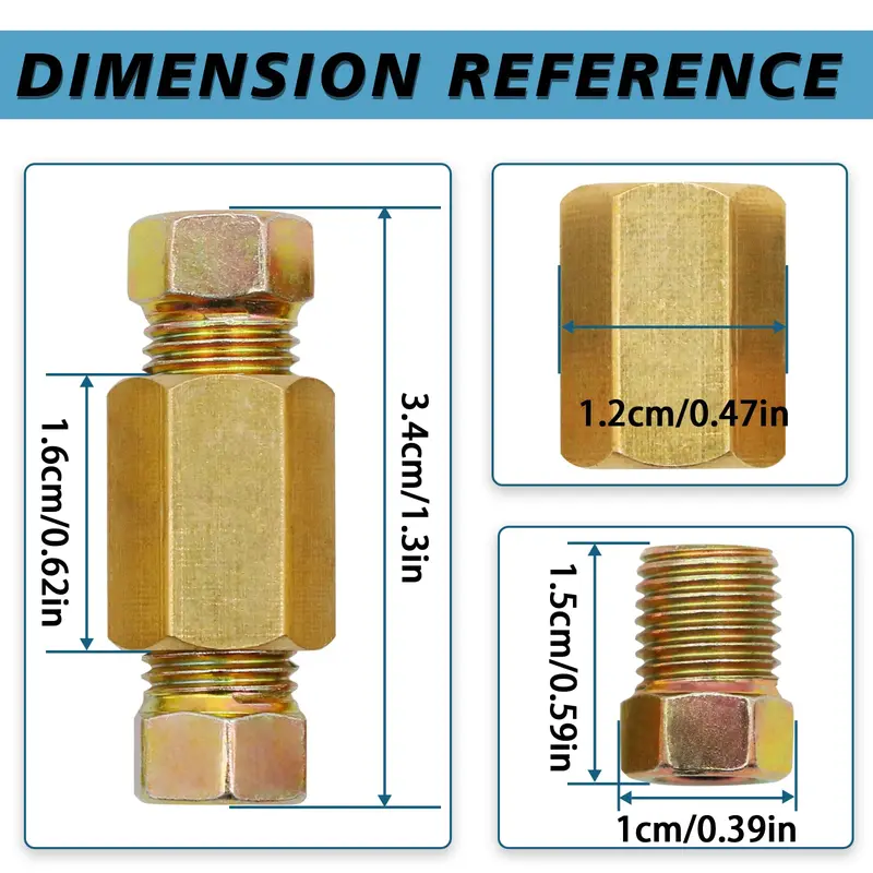 3/16" brake Line Brass Nut Fittings Set,4 Unions & 8 Nuts for SAE Inverted Flaring Brake Pipe (4.75mm) 1