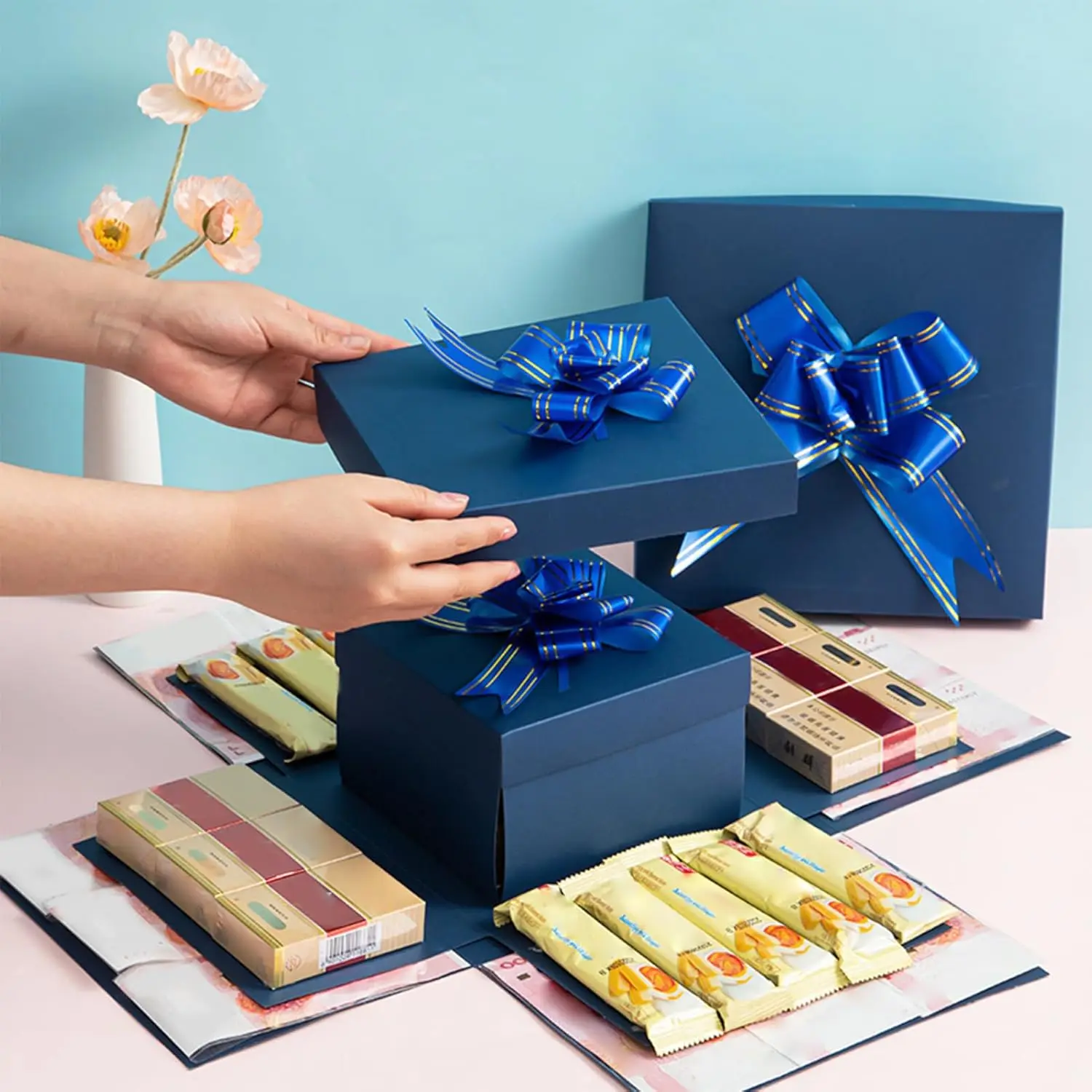 Pasdrucn DIY Explosion Gift Box, 5 Layer Snack Explosion Box, Scrapbooking Box, Creative Explosion Box for Gift, Anniversary, Birthday, Valentine's Day and Wedding (Blue)