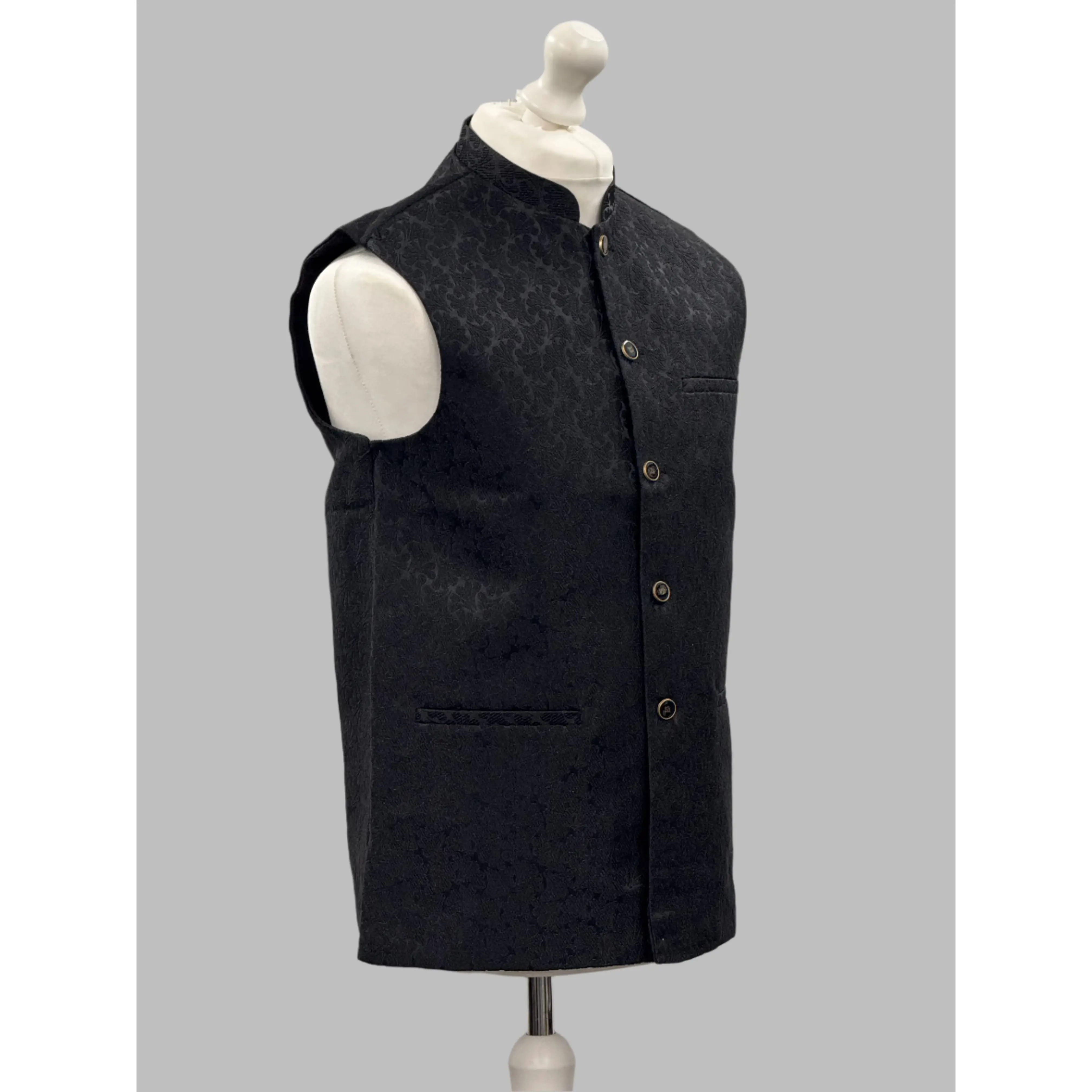 Men's Petal Design Black Jamawar Waistcoat
