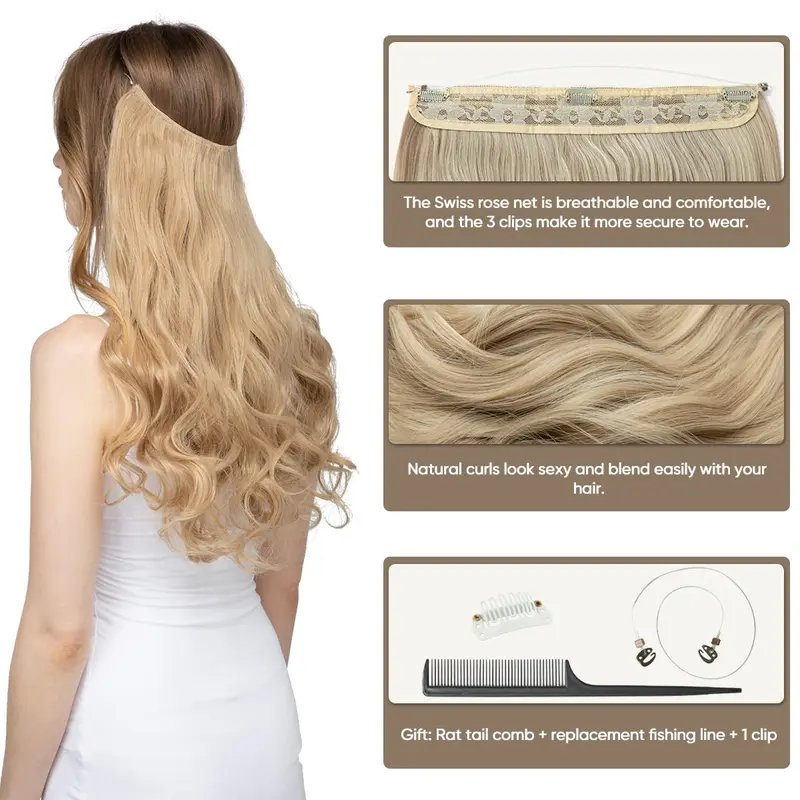 Craigs bits and bobs SARLA Invisible Wire Hair Extensions with 3 Clips Long Synthetic Wavy Curly Hairpiece Adjustable Transparent Headband for Women 18 Inch Ash Medium Brown/Ash Blonde Highlights 2