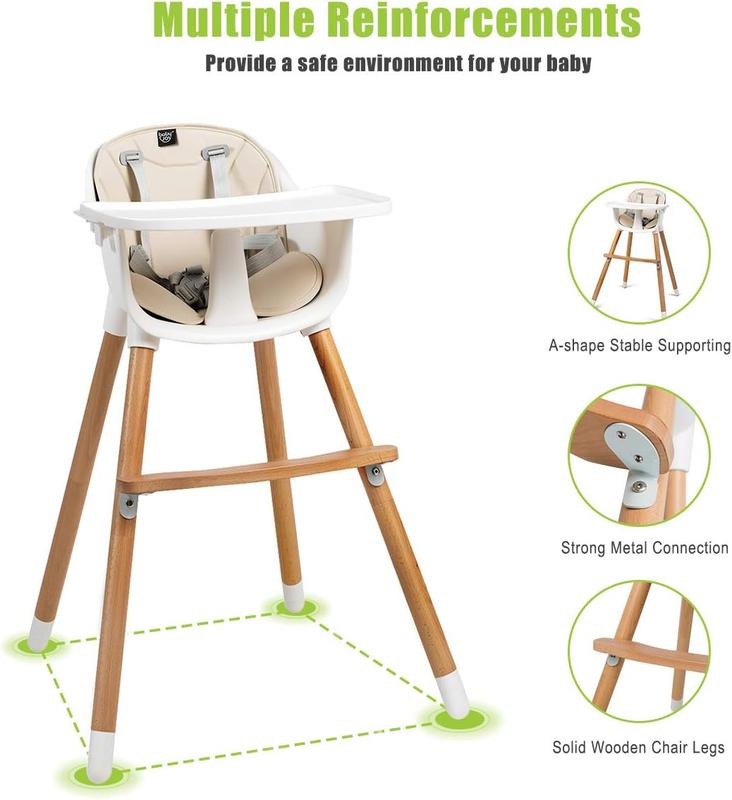 COSTWAY - Baby High Chair, 3 in 1 Dining Chair with Adjustable Legs, Removable Tray, 5-Point Seat Belt, Detachable Footrest, Feeding Highchairs for Babies, Infants, Toddlers 3