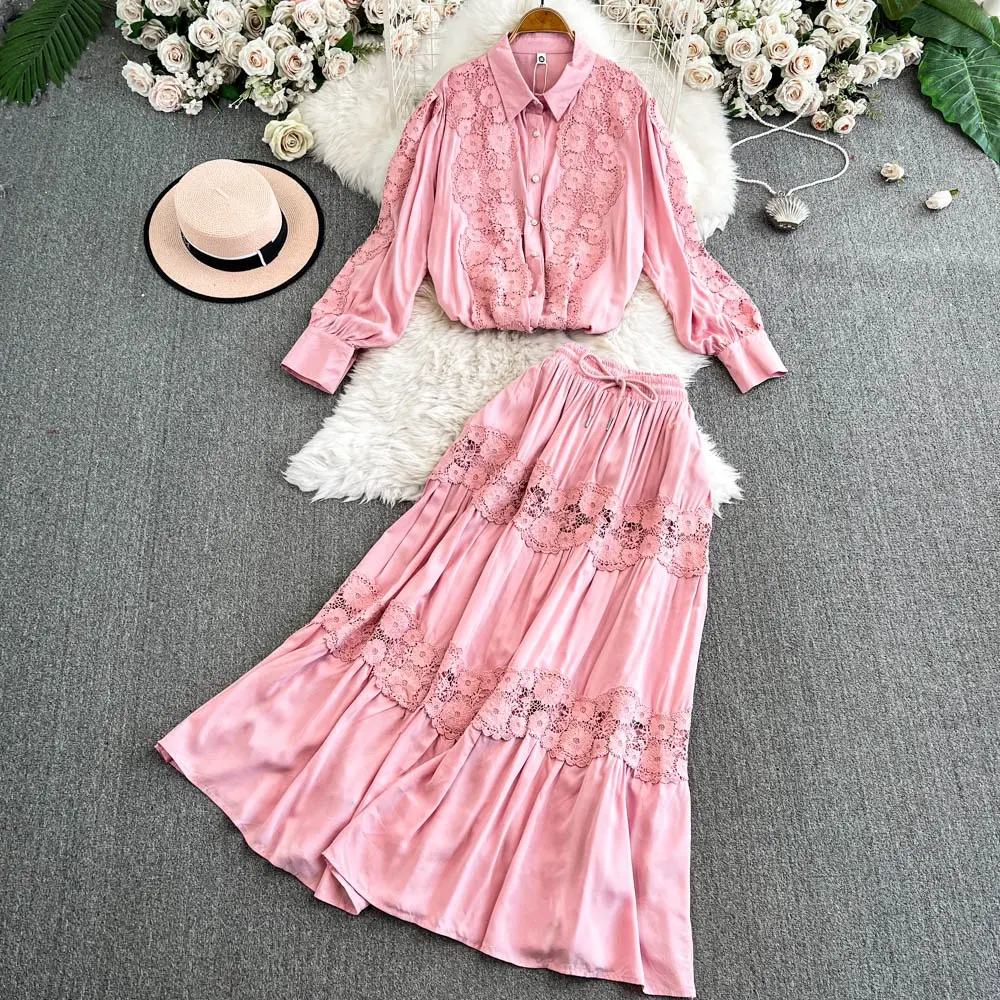 Women's Spring Autumn Hollow Crochet Long Sleeve Shirt Straight Pants 2 Piece Set