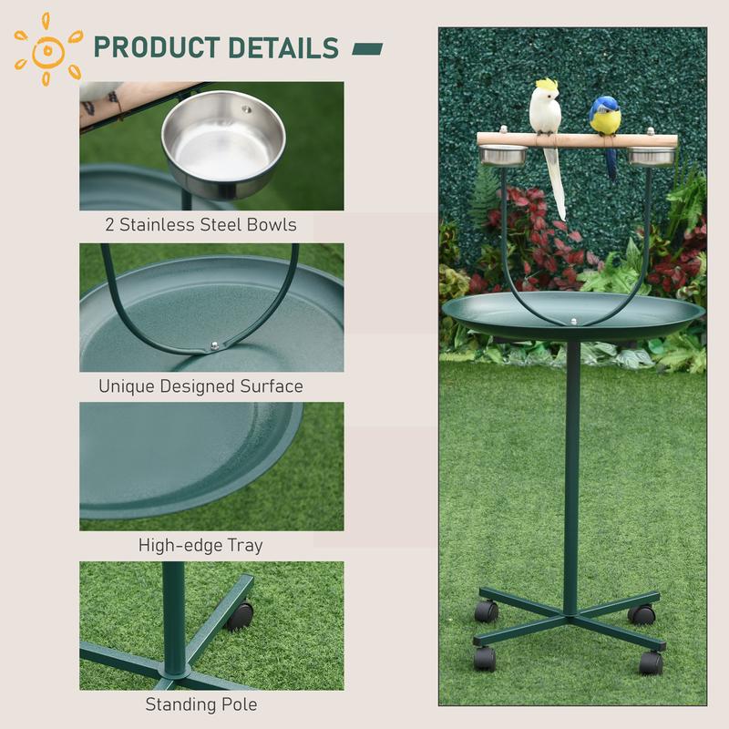PawHut Bird Perch Stand, T-Stand Bird Training with Perch, Four Wheels, Feeding Bowls, Parrot Stand for Small & Medium Birds, Green 2