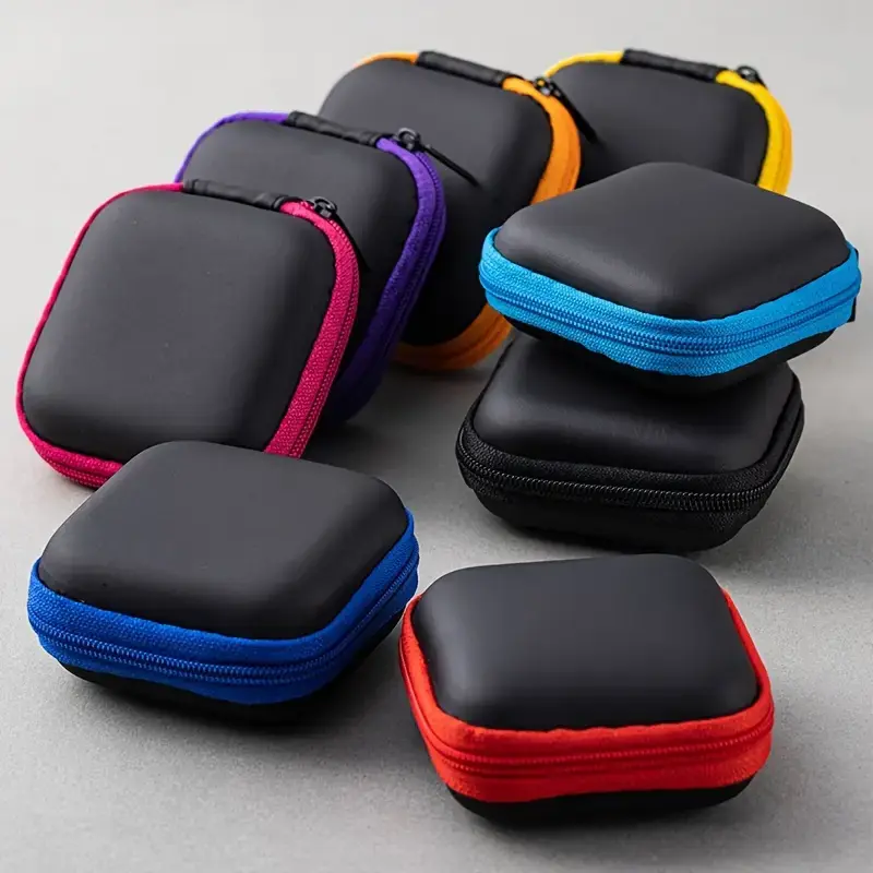Hard Shell Storage Box for Mobile Phone Charger and Data Cable, Compact Small Pocket Size Portable Leather Storage box Organiser for Travel, Camping & Summer Holiday For Storing Cables And Chargers. 4 Colors, Red, Pink, Purple and Black Cable Storage Bag
