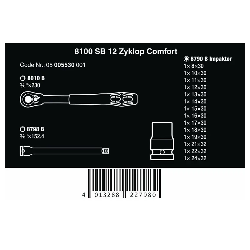 Wera 16 Piece 8100 SB 12 Zyklop Comfort 3/8" Ratchet & Impact Socket Set,005530 1