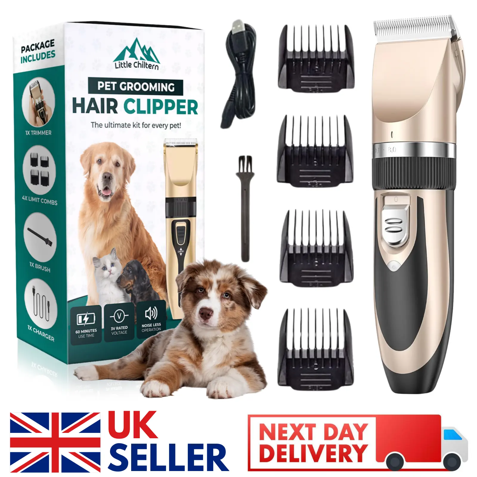 UK Seller Dog Clippers, Rechargeable Low Noise Cordless Pet Clippers for Dogs Cats and Other Pets - Professional Dog Grooming Clipper Kit Shaver Hoof Trimmer Suitable for Thick Hair/Coats-Next Day Delivery