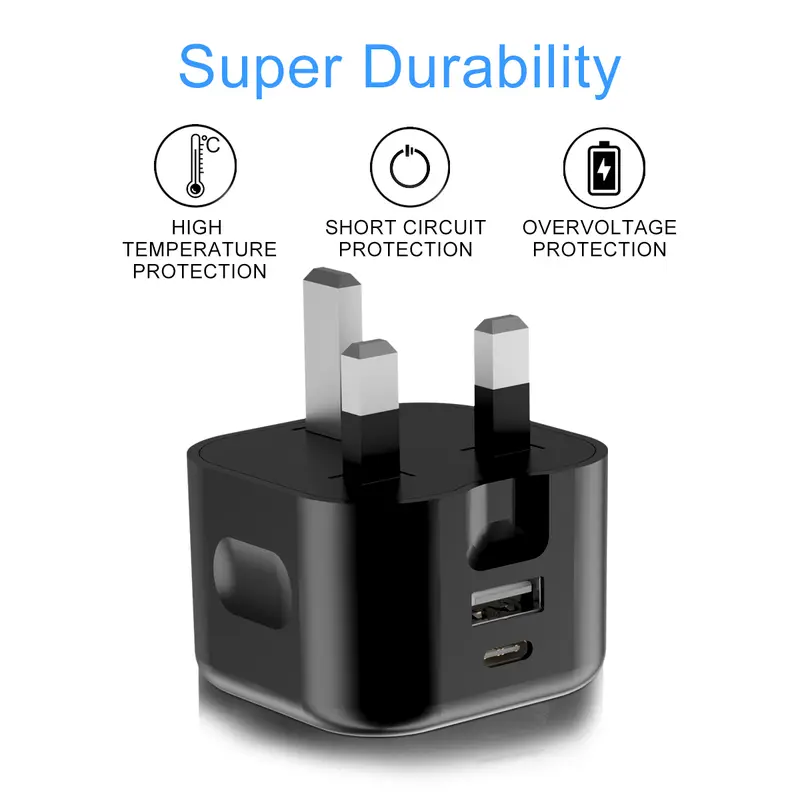 Fast Charger Plug with 20W UK Multiple Wall Charging Multiport Mains Power Adapter for 16/16 Plus/15 Pro Max/14/14 Pro Max/13 Pro Max/12 Mini/SE 2022,iPad, Air Pods Pro,Galaxy S24 Z Fold 6/ Flip 6 Pixel 9a, Dual Ports USB C Mains Adapter (Black) 6