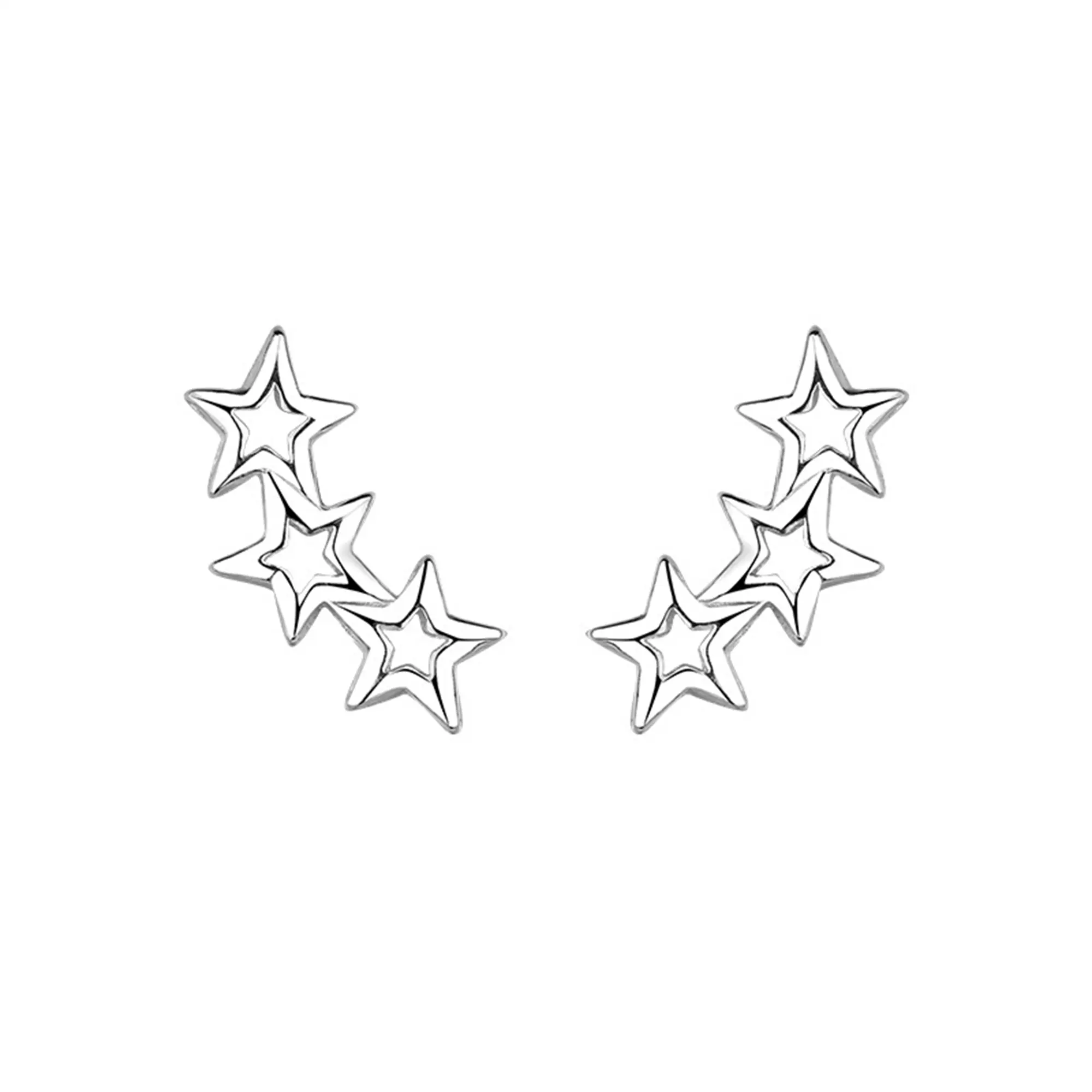 Sterling Silver Triple Hollow Lucky Stars Trinity Line Girls Stud Earrings Boxed