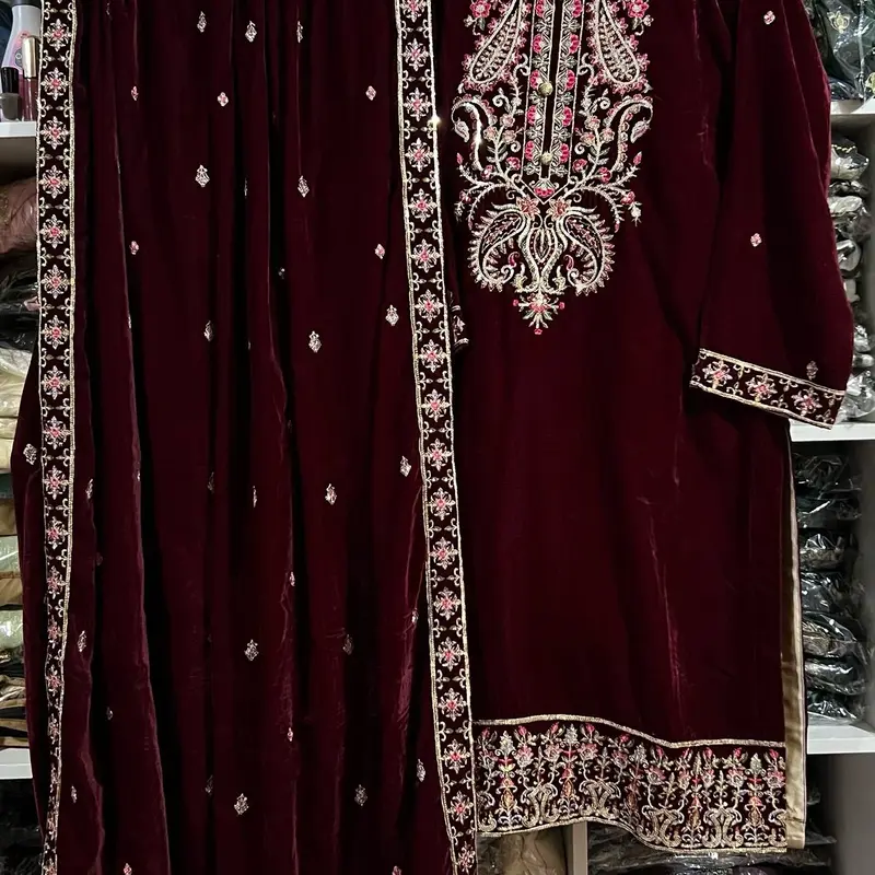 Pakistani Luxury 9000 micro Velvet 3pc Embroidered Dreee with Velvet Shawl and trouser. Formal... 4