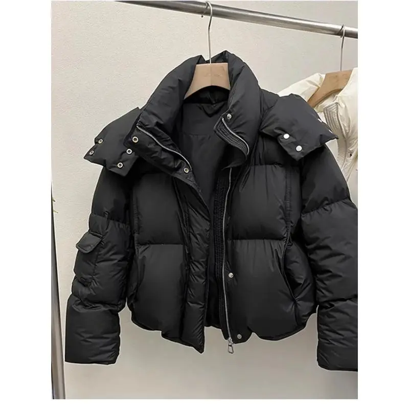 Women Puffer Jacket Winter Warm Thick Long Sleeve Oversized Hooded Short Parkas Mujer Female Solid Loose Crop Coat Outwear Womenswear Tops Underwear Lady Fitted Casual Comfort Basic Minimalist Outerwear 3