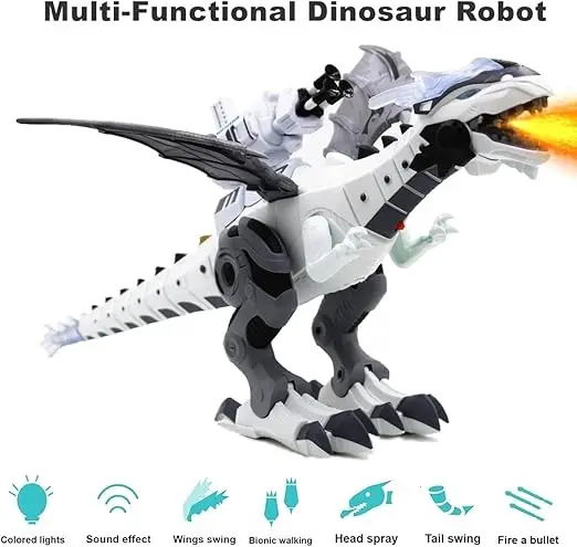 Dinosaur with Mist Spray Moving Electric Dinosaur Toy & Light Up with Roar Sounds Add Water for Fire Breathing Red Light Fire Effect Toy For Kids (White & Blue) 6