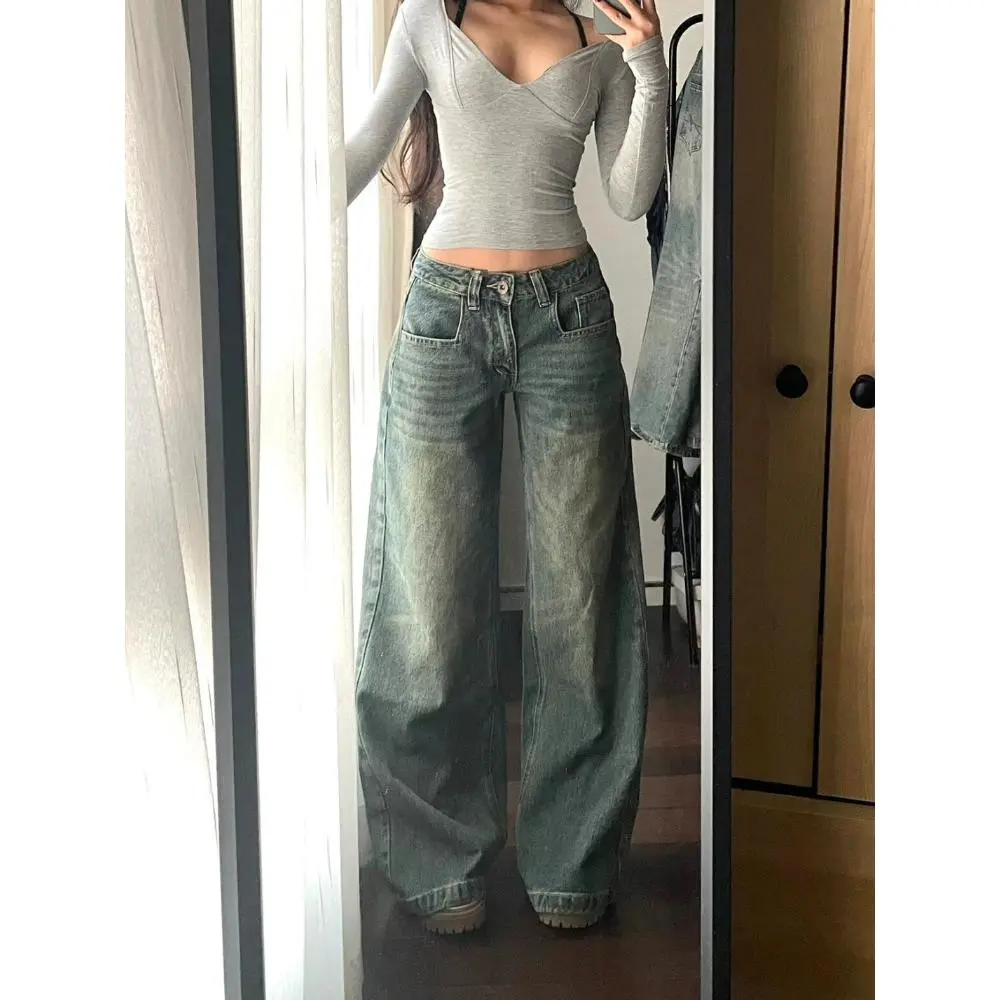 HOUZHOU Y2k Vintage Baggy Jeans for Women Washed Casual High Waist Loose Denim Pants Streetwear Korean Wide Leg Jeans Trousers Womenswear Asian Bottom Light Wideleg Comfort