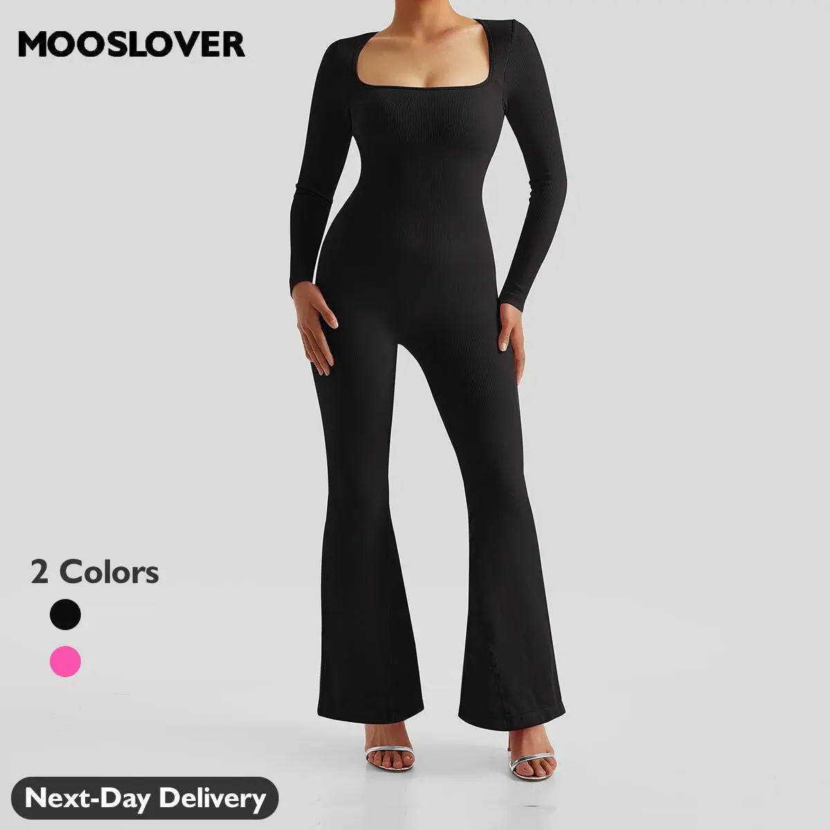 Mooslover UK Women Slim-fit Long Sleeve Square Neck Wide-Leg Ribbed Knit Jumpsuit Comfort Fabric