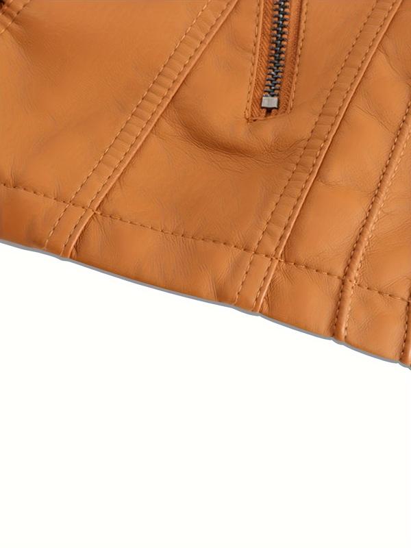 Faux Leather Zip-up Biker Jacket, Casual Long Sleeve Lace Up Lapel Jacket For Spring & Fall, Women's Clothing 8