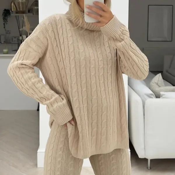 Women's Cable Knit Leggings Set with Roll Neck - Bottoms, Womenswear 1