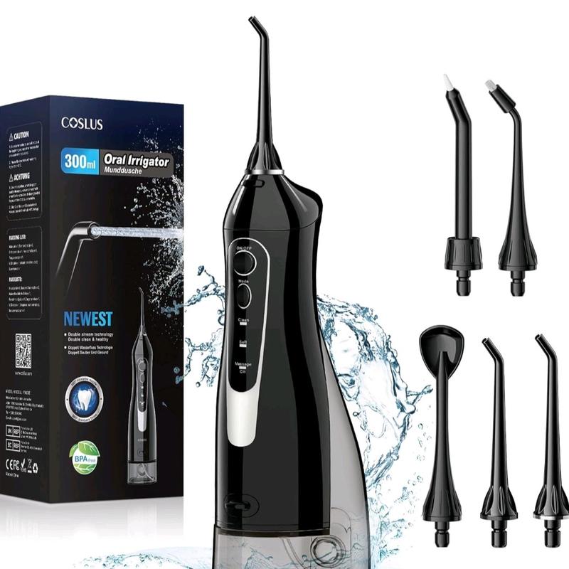Water Dental Flosser for Teeth Cordless: COSLUS Portable Oral Irrigator 300ML 5 Jet Tips Rechargeable Tooth Flosser Teeth Braces Pick IPX7 Waterproof Irrigation Cleaner for Travel Home Battery Powered Adjustable Nozzle Gift 0