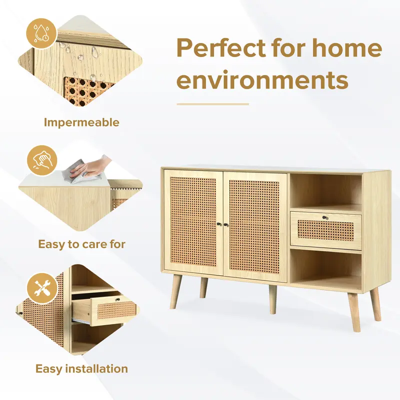 Modern simple sideboard 120*40*80cm, light-colored wooden woven door design, with drawers and unique legs, creating a warm and comfortable home atmosphere 7