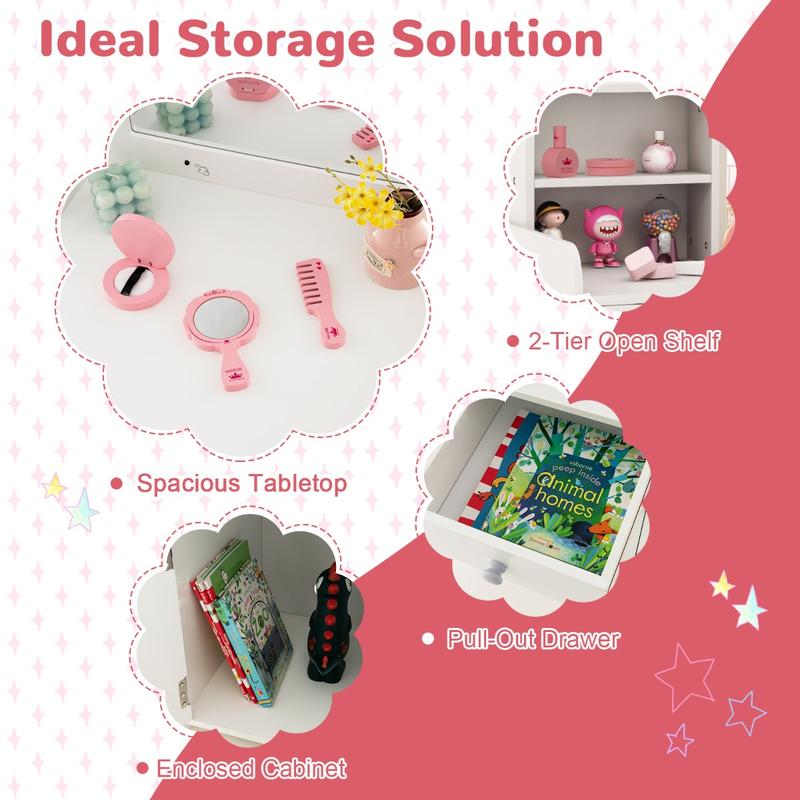 COSTWAY Kids Vanity Table and Chair Set with Shelves Drawer and Cabinet 6