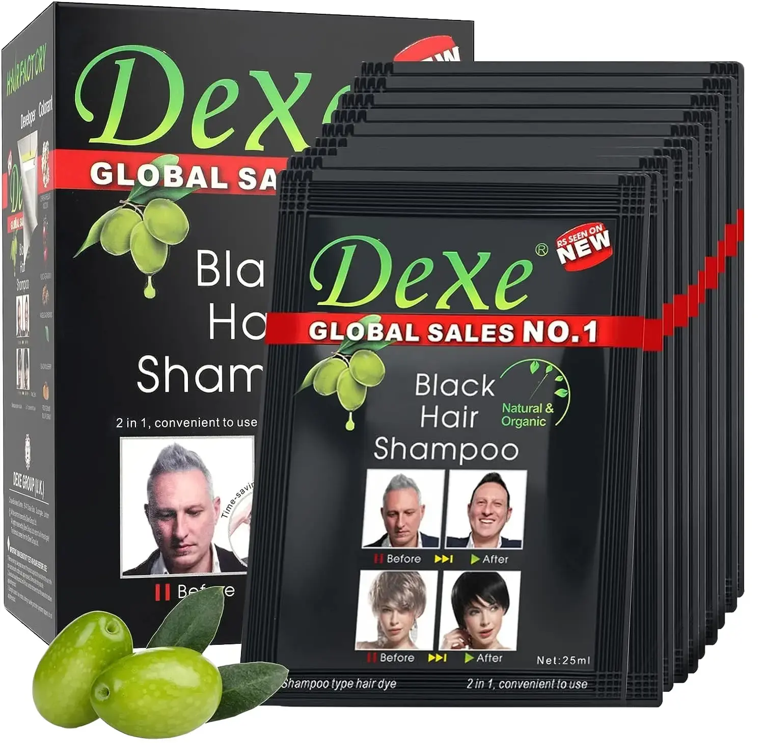Dexe Black Hair Shampoo for Natural Hair, Temporary Instant Hair Dye Maintain for Men and Women, Black Color Haircare Gentle Pack - Pack of 10 Sachets