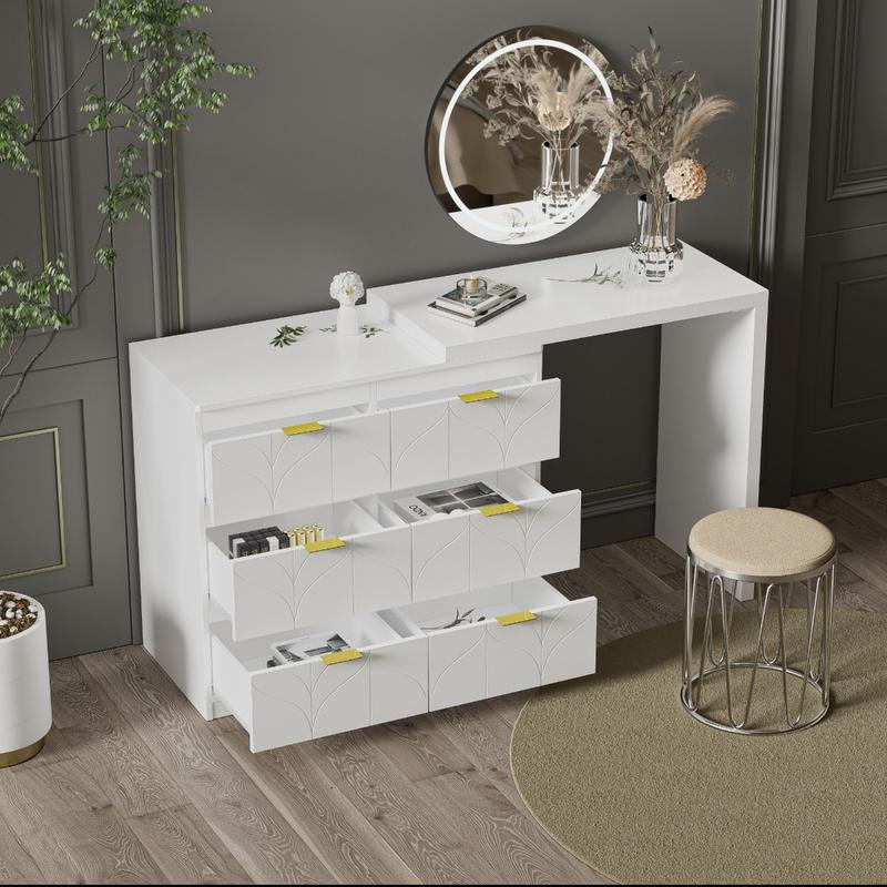 Product Introduction of Dressing Table with Side Table, Bedroom Dressing Tables, Office Table with 6 Drawers, Gold-Plated Handles, Rotating Table Top (180°), Floral Pattern, Shock-Resistant Rounded Corners, White (Without Mirror and Stool) 19