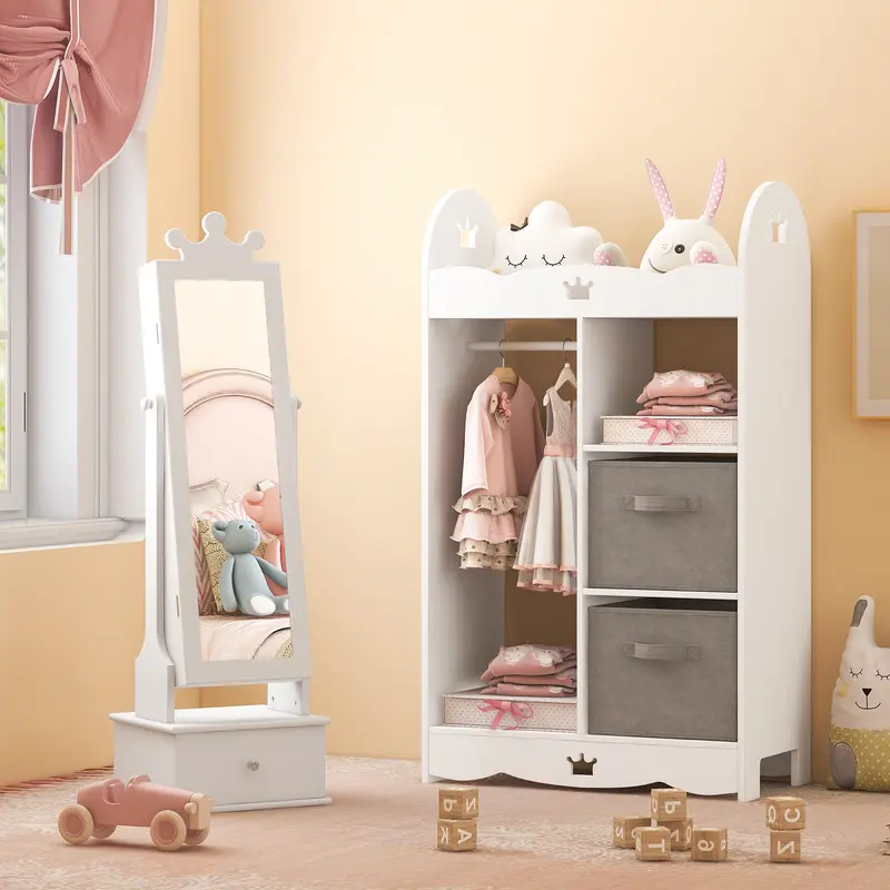 COSTWAY Kids Jewelry Cabinet Armoire with Full Length Mirror and 3 Storage Drawers 5