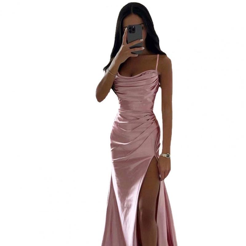 Product Introduction of Summer Women's Sexy Vintage Tulle Long Dress  Spaghetti Strap Satin Pleated Low-cut V Neck High Split dress Party Gown Ball 5