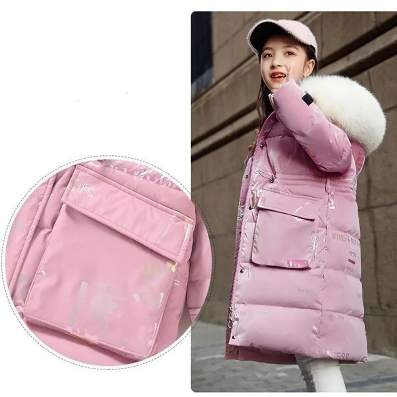 New 4-12 Years Fashion Winter Teenger Girls Jacket Hight Quality Heavy Keep Warm Large Fur Collar Hooded Coat For Kids 4
