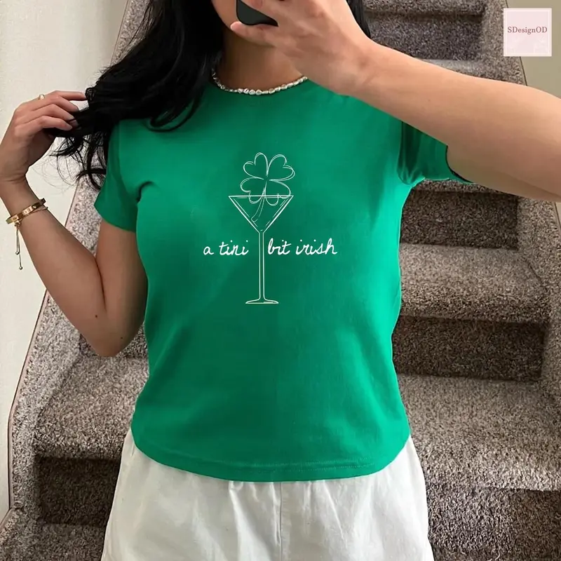 A Tini Bit Irish Baby Tee - St Patricks Day Outfit, Green Martini Unisex Cotton Crop Top, Funny Irish Drinking Gift 2