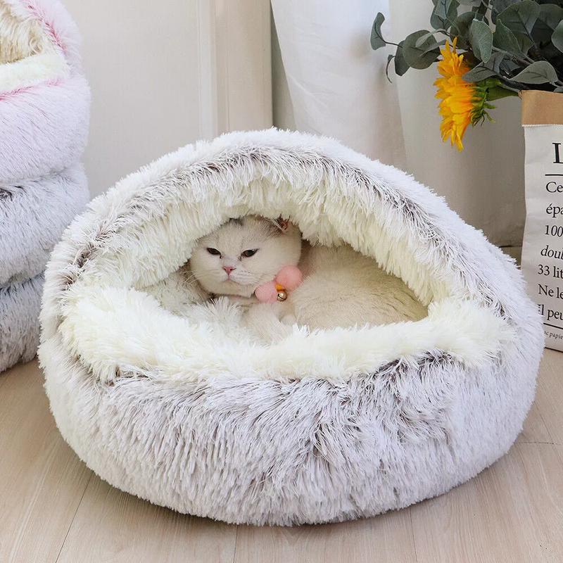Pet Dog Cat Bed Round Plush Kitten Warm Sleeping Nest Bed Cat Igloo Cave House 7