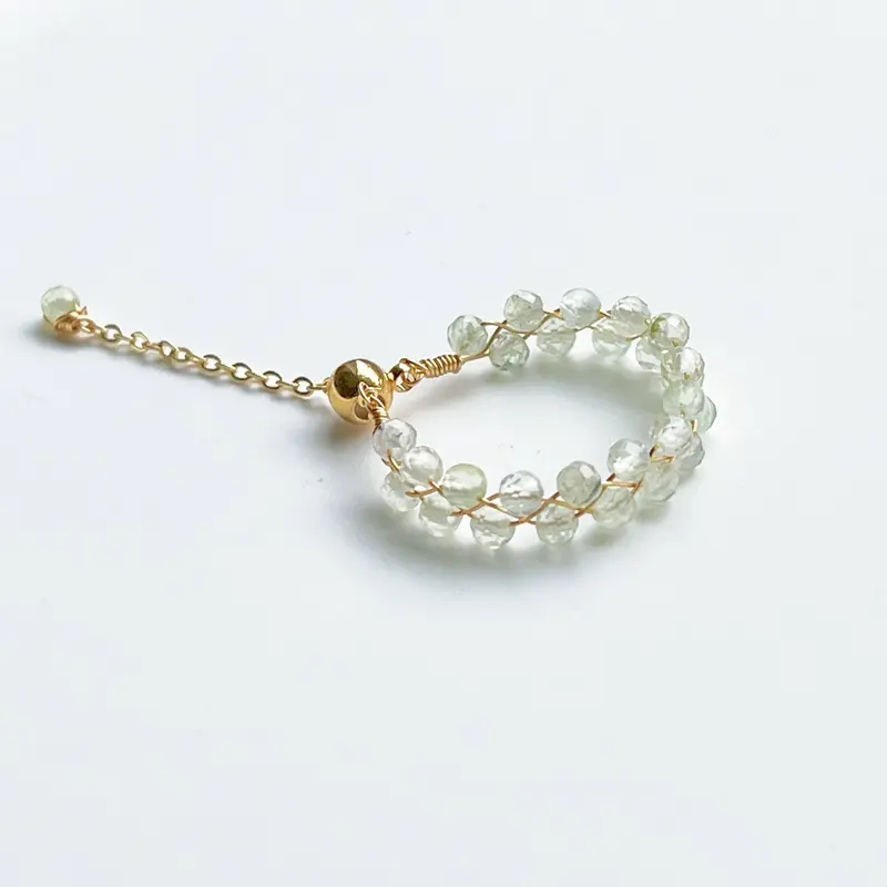 Prehnite Beaded Ring - Light Green Mini Gemstone Adjustable Ring 2
