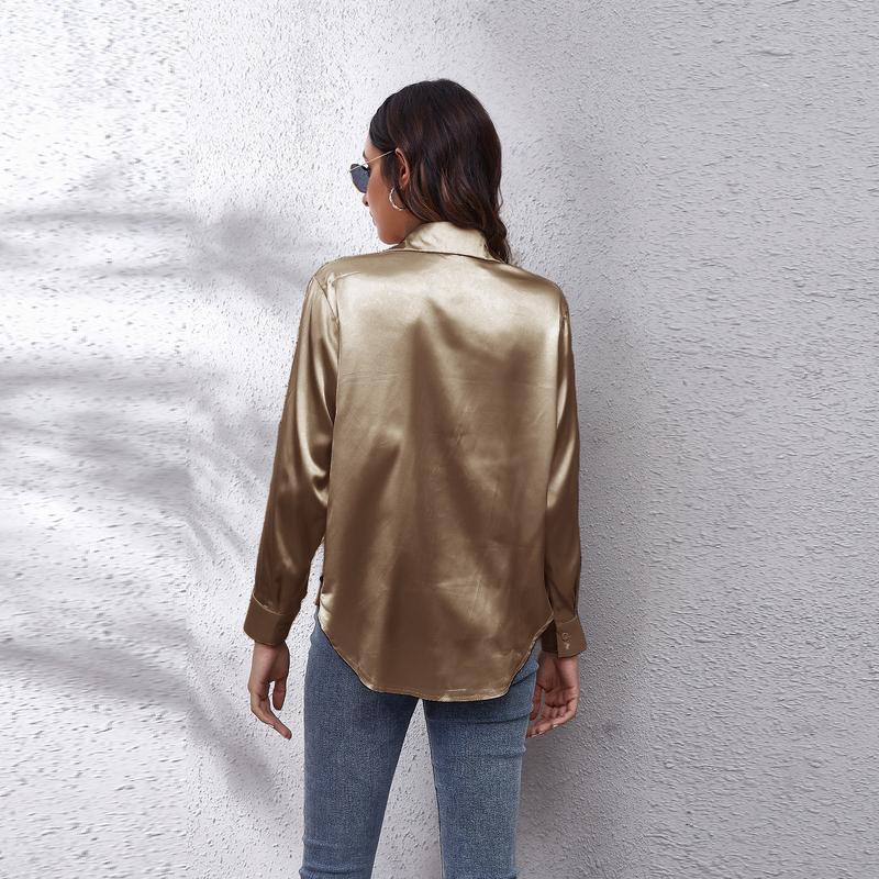 Product Introduction of Women's Satin Satin Imitation Silk Long Sleeved Shirt Elegant V-neck Retro Style Multicolor Shirt Top-Looki Ngi 14