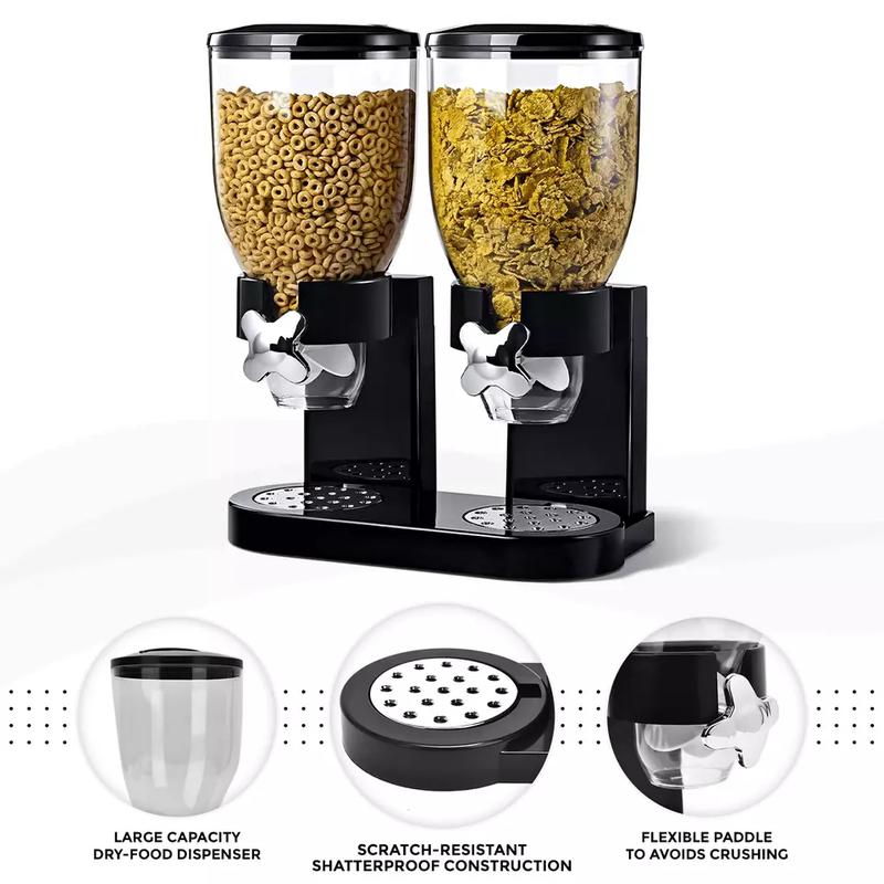 Plastic Double Cereal Dispenser for Home & Kitchen - Great for Cornflakes, Candy, Nuts, Beans, Granola - Tin, Utensils-(White)-(Black) 5