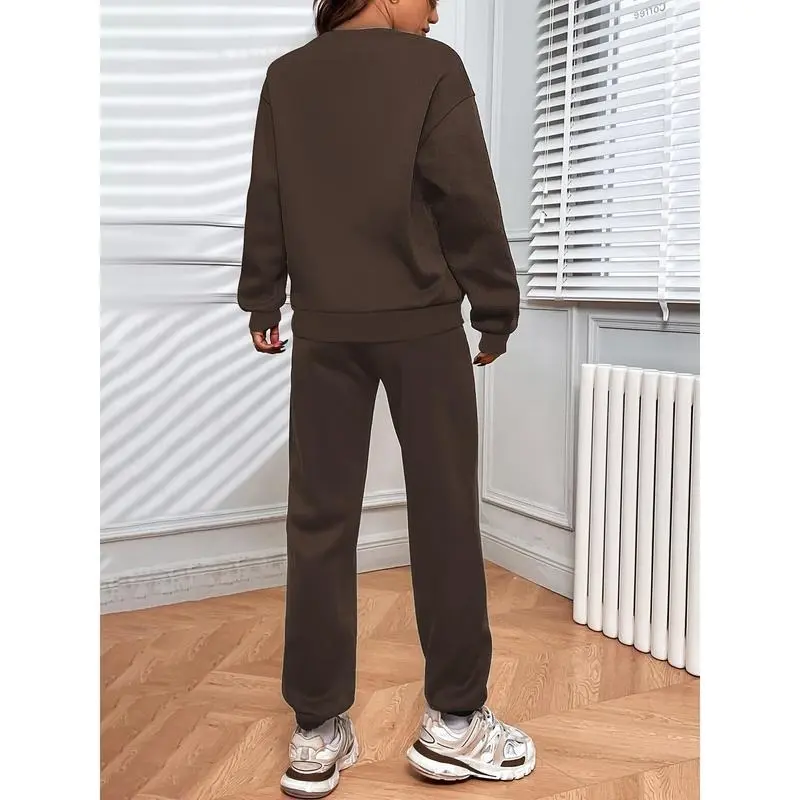 Two-Piece Solid Color Crew Neck Long Sleeve Top and Drawstring Jogger Pants Set - Soft Micro Elasticity Polyester Fabric, Pocket Details, Casual Wear for All Seasons 8