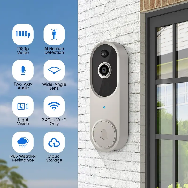 1080p Smart Wireless Video Doorbell Camera, Chime Ringer Included, AI Human Detection, 2.4G WiFi, Night Vision, Cloud Storage, 2-Way Audio, Live View, Battery Powered. 3
